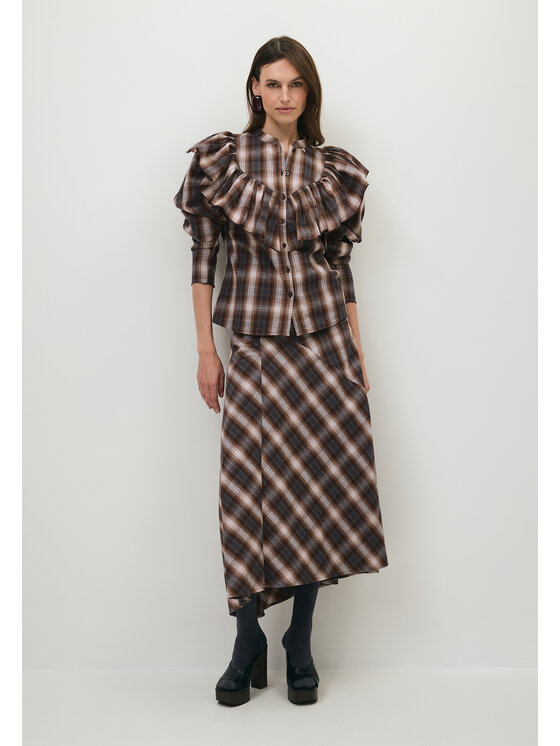 BIZUU BIZUU Spódnica maxi AYELLA A-LINEN CHECKED SKIRT Brązowy Standard Fit