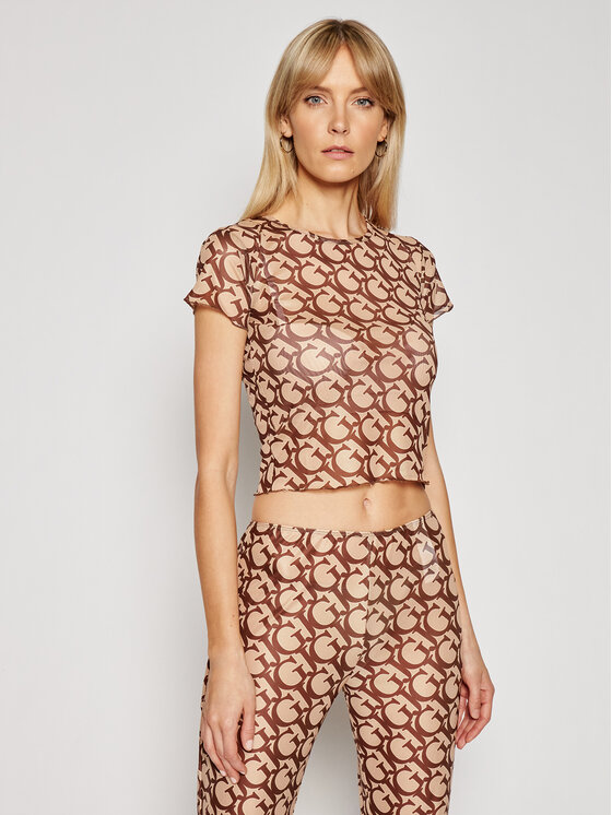 Guess Guess Tričko E1GI05 NT01L Hnedá Cropped Fit