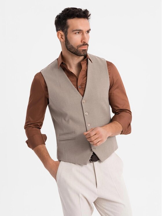 Ombre Ombre Kamizelka garniturowa OM-BLZV-0142 Beżowy Slim Fit