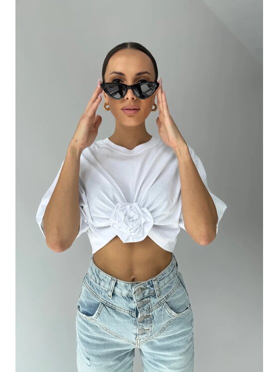 Chiara Wear Chiara Wear T-Shirt T-shirt crop top z różą ROSE Biały Oversize