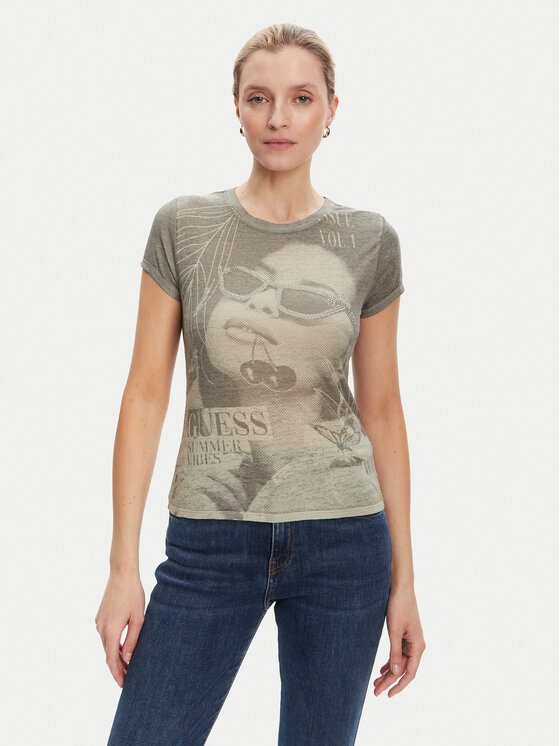 Guess Damski T-Shirt, rozmiar M, Zielony, W5YI36 KBYH0
