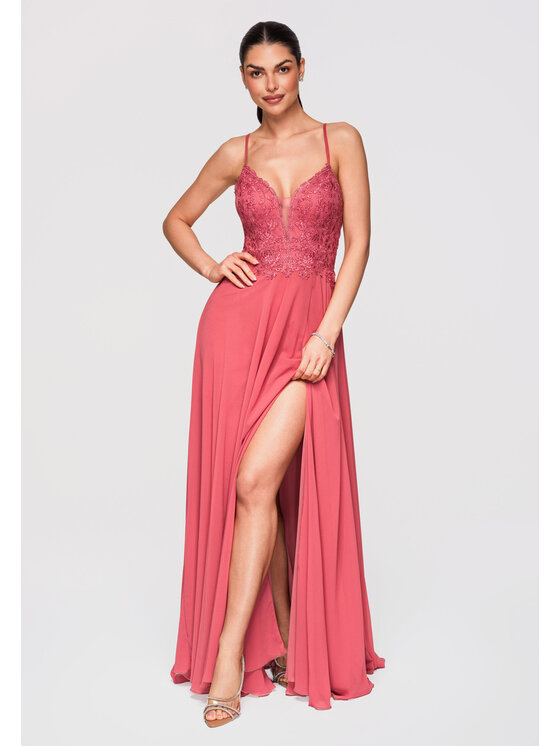 Ombre Ombre Sukienka wieczorowa LA-OM-DLR309 Koralowy Slim Fit