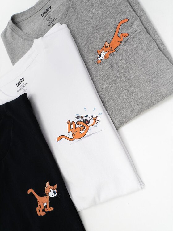 Smerfy Komplet t-shirtów, rozmiar M Czarny, Zestaw 3 T-Shirtów Męskich Czarna / Biała / Szara Smerfy Azrael kot klakier L