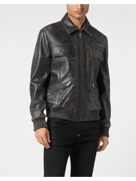 PHILIPP PLEIN PHILIPP PLEIN Kurtka skórzana 21123 Szary Regular Fit