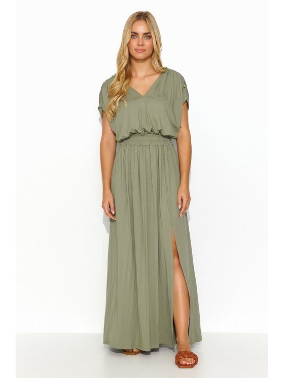 Makadamia Makadamia Sukienka codzienna M825 Khaki Comfortable Fit