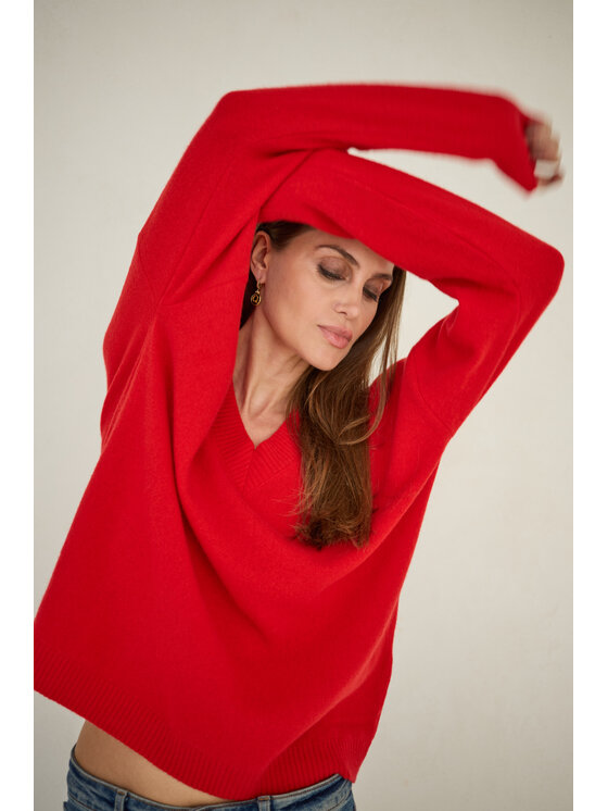 Entelier Entelier Sweter kaszmir dekolt w serek Czerwony Relaxed Fit
