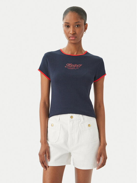 Tommy Hilfiger Tricou Logo Graphic Ringer WW0WW49245 Bleumarin Slim Fit