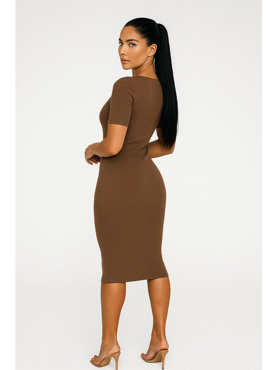 Nudyess Nudyess Sukienka dzianinowa Fiori midi z prążka Brązowy Fitted Fit