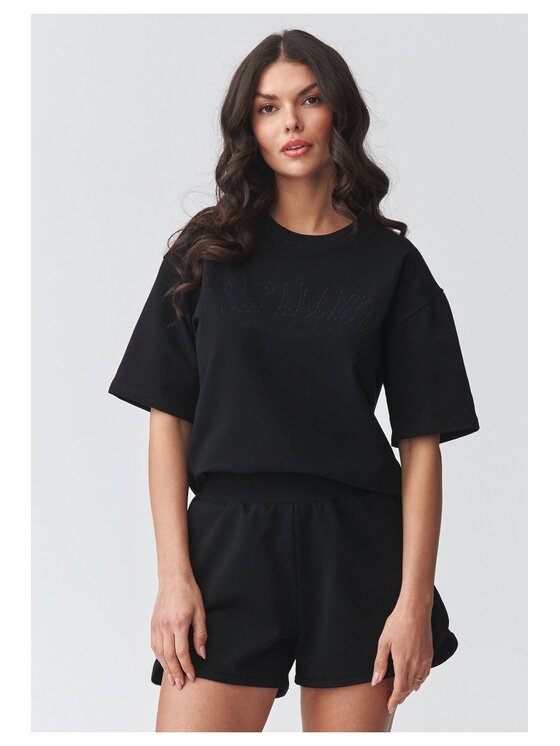 Makadamia Makadamia Komplet bluzka i szorty sportowe M918 Czarny Loose Fit