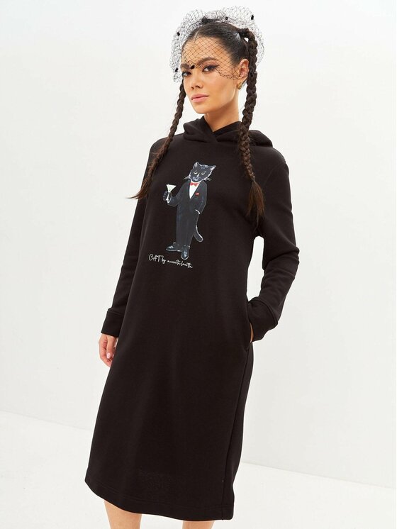 CAT by maniita lacitta CAT by maniita lacitta Sukienka codzienna Printed Hoodie Dress DANDY CAT Czarny Regular Fit