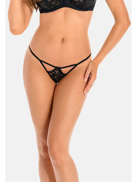 Stringi, rozmiar XXL, Czarne, z kwiatową koronką Jasmine