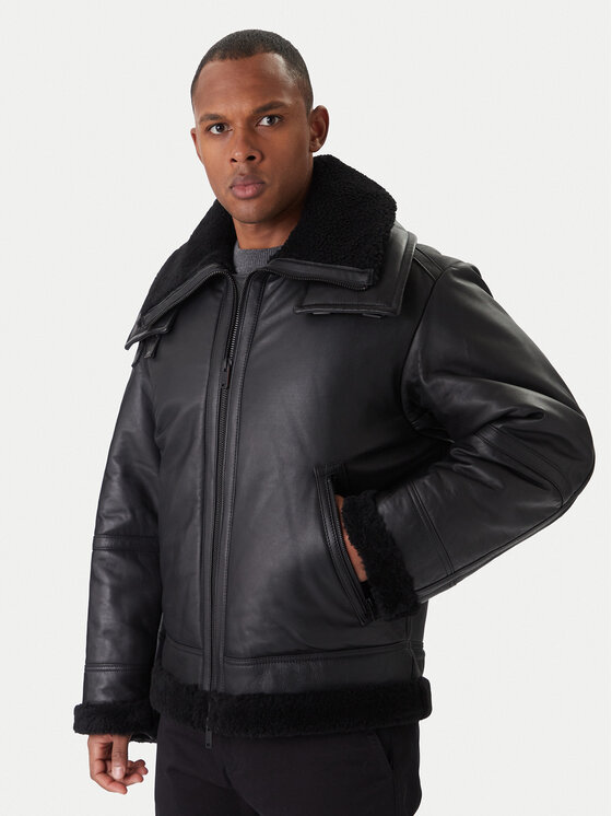 BOSS BOSS Kožená bunda Joglaci 50547560 Černá Relaxed Fit