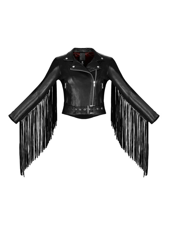 Mimika Mimika Kurtka skórzana Empire Ramoneska basic z odpinanymi frędzlami Czarny Regular Fit