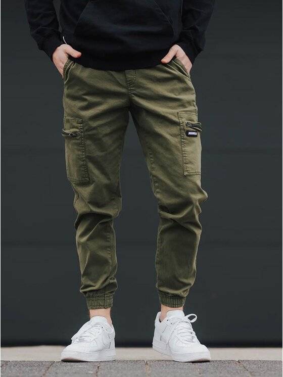 Jigga Wear Jigga Wear Spodnie materiałowe Spodnie Materiałowe Jogger Bojówki Męskie Oliwkowe Jigga Wear Stripe Zip Cargo S Zielony Jogger Fit