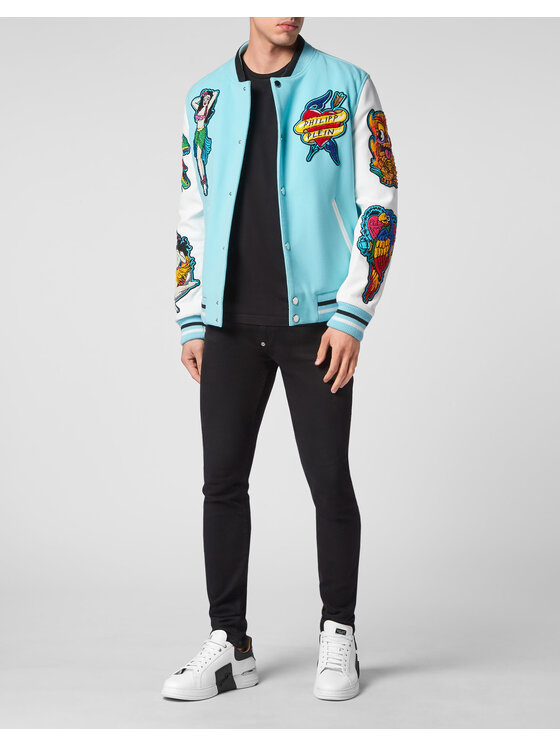 PHILIPP PLEIN PHILIPP PLEIN Kožená bunda 3563 Světle modrá Regular Fit