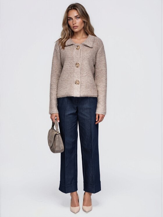 Ombre Ombre Kardigan OW-SW-E0066 Beżowy Regular Fit