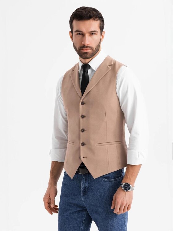 Ombre Ombre Kamizelka garniturowa OM-BLZV-0145 Brązowy Slim Fit