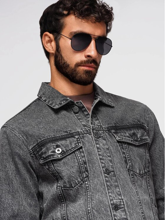 Ombre Ombre Kurtka jeansowa OM-JADJ-0219 Szary Regular Fit