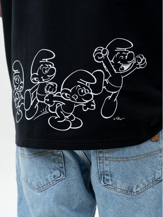 Smerfy Smerfy T-Shirt Koszulka Z Krótkim Rękawem Oversize Męska Czarna Smerfy Smurf Crew XXL Czarny Oversize