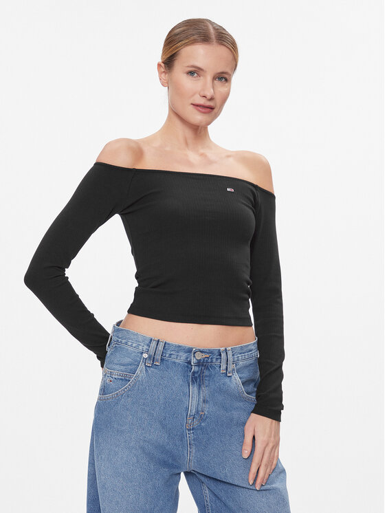 Tommy Jeans Majica Tjw Off Shoulder Top Ls DW0DW17535 Crna Slim Fit