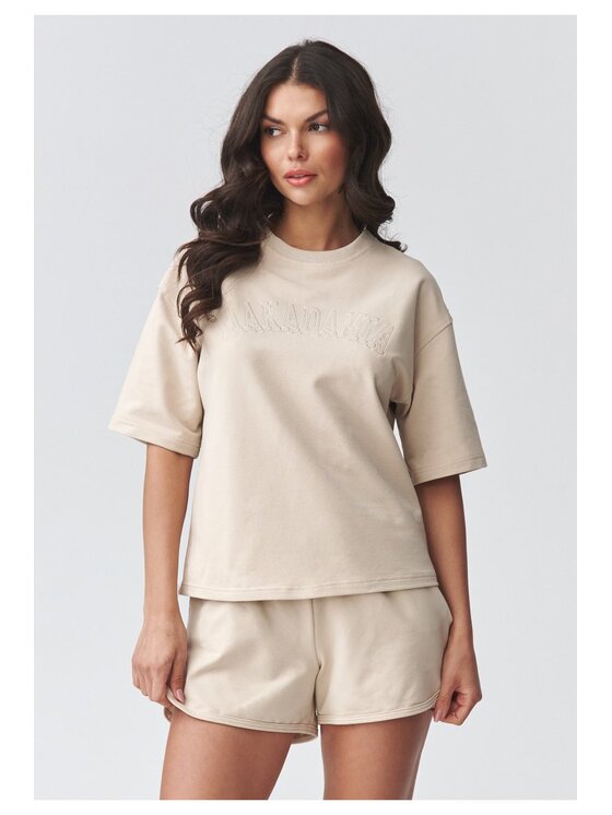 Makadamia Makadamia Komplet bluzka i szorty sportowe M918 Beżowy Loose Fit