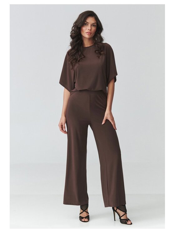 Makadamia Makadamia Komplet bluzka i spodnie M940 Brązowy Loose Fit