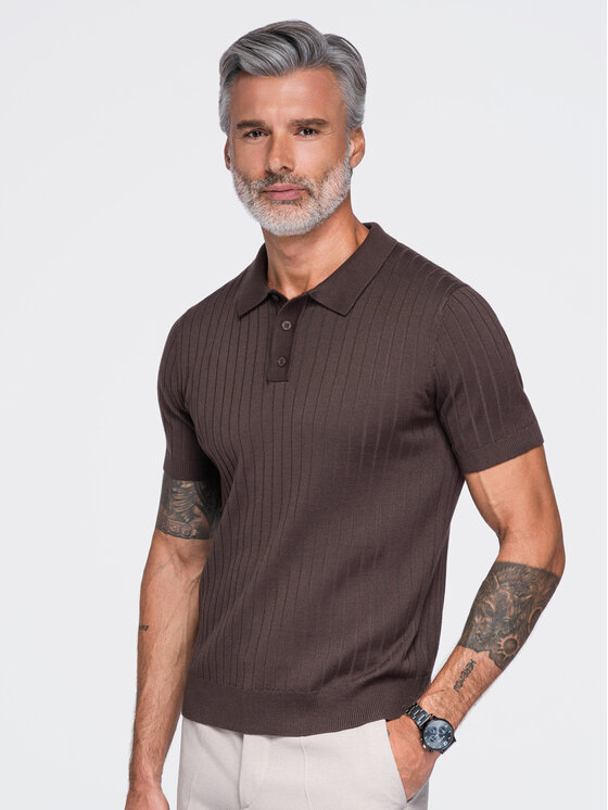 Ombre Ombre Polo OM-POSS-0180 Brązowy ciemny Slim Fit