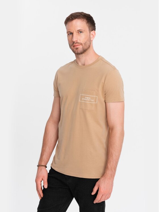 Ombre Ombre T-Shirt OM-TSCT-0108 Beżowy Regular Fit