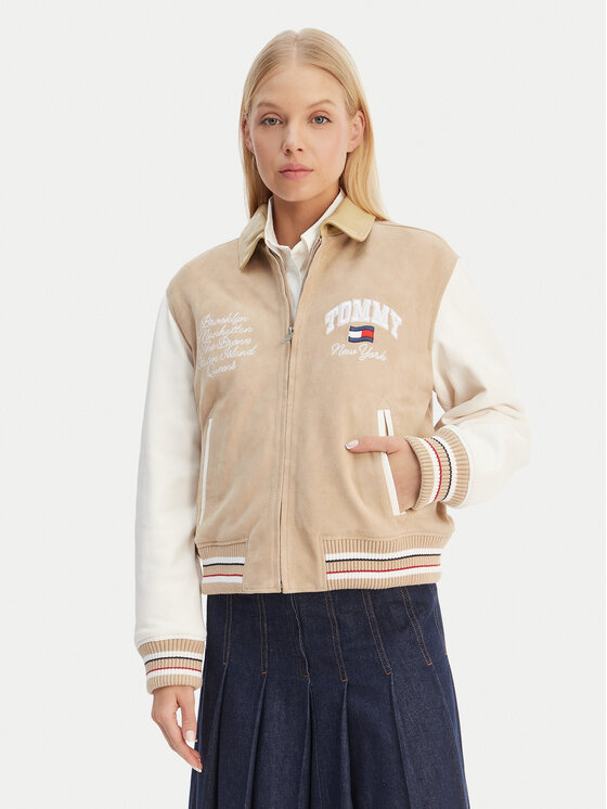 Tommy Jeans Geacă de piele Suede Varsity DW0DW22769 Bej Regular Fit