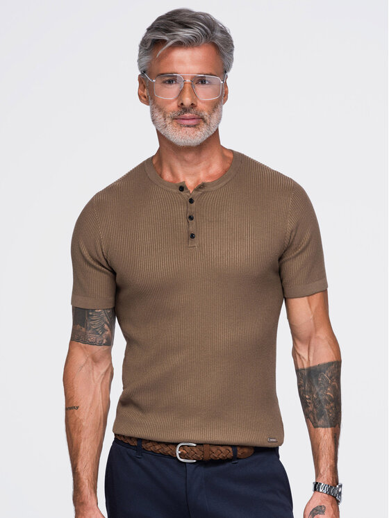 Ombre Ombre T-Shirt OM-TSCT-0304 Hnědá Slim Fit