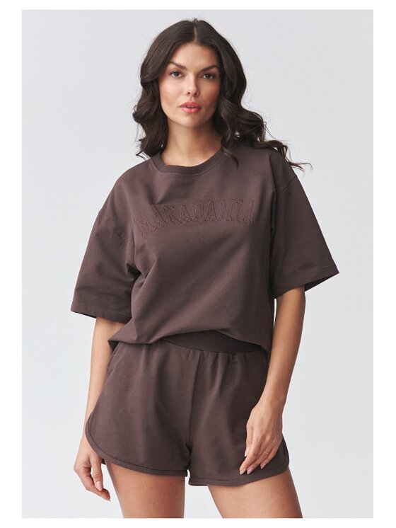 Makadamia Makadamia Komplet bluzka i szorty sportowe M918 Brązowy Loose Fit