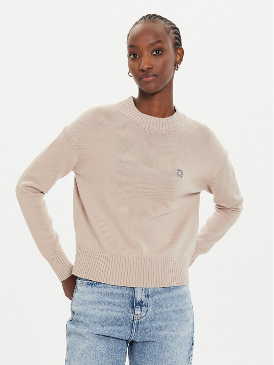 Calvin Klein Jeans Pulover Embro Badge J20J222987 Bej Regular Fit