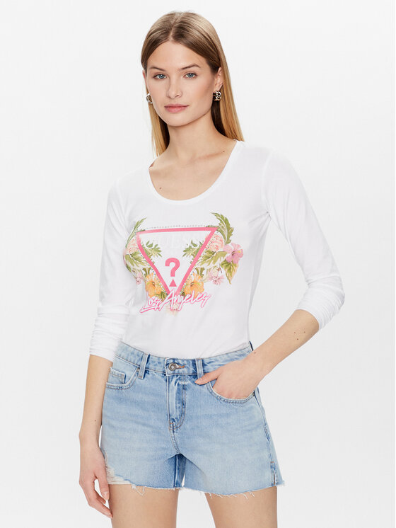 Guess Блуза Triangle Flowers W3GI48 J1314 Бял Slim Fit