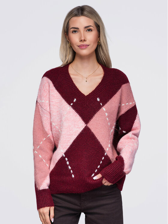 Ombre Ombre Sweter OW-SW-E0017 Bordowy Relaxed Fit