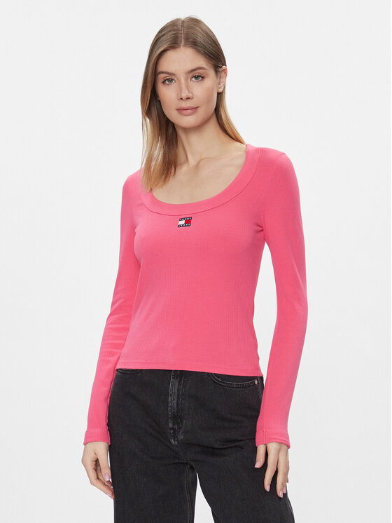 Tommy Jeans Blúzka Tjw Slim Badge Rib Tee Ls DW0DW17397 Ružová Slim Fit