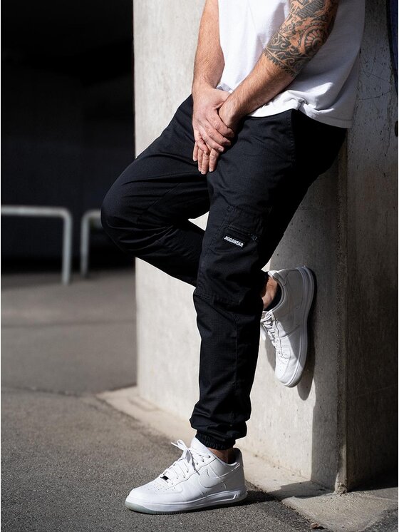 Jigga Wear Jigga Wear Spodnie materiałowe Spodnie Materiałowe Jogger Bojówki Ze Ściągaczem Czarne Jigga Wear Stripe Ripstop Cargo S Czarny Jogger Fit