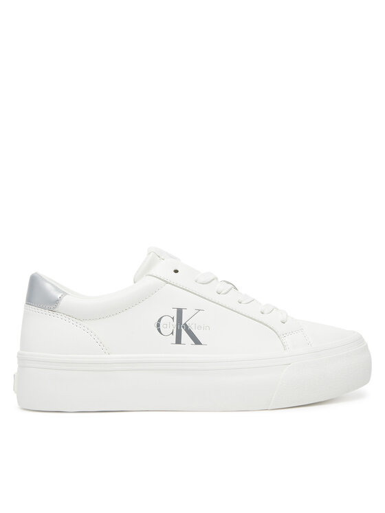 Calvin Klein Jeans Sneakersy Vulc Flatf Lth Silver Logo Tag YW0YW01877 Biały