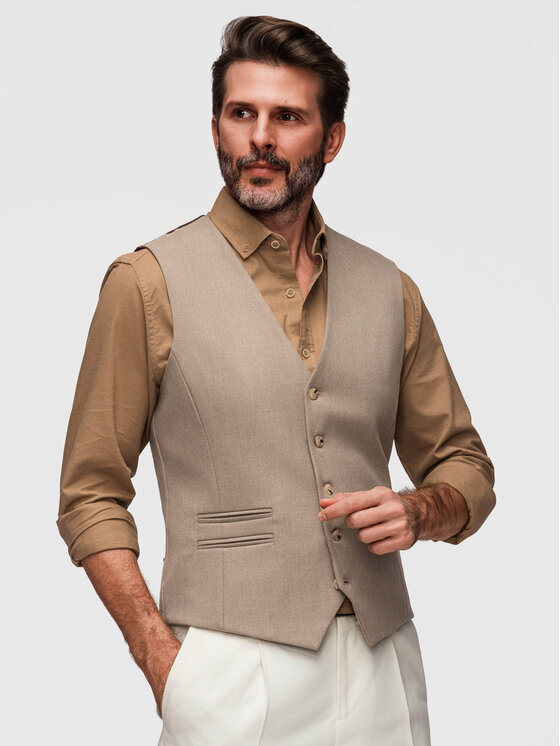 Ombre Ombre Kamizelka V64 Beżowy Slim Fit