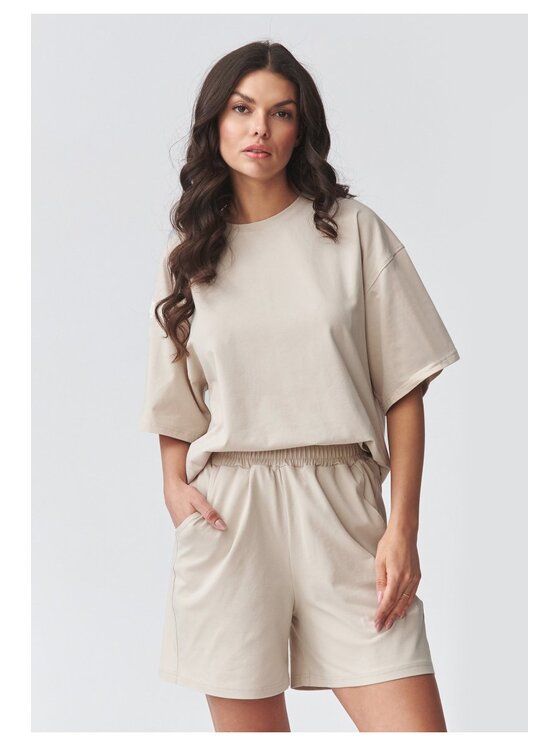Makadamia Makadamia Komplet bluzka i szorty sportowe M935 Beżowy Loose Fit
