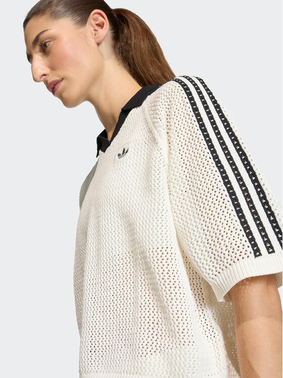 adidas adidas Polo KNITTED CROCHET Kremowy Loose Fit