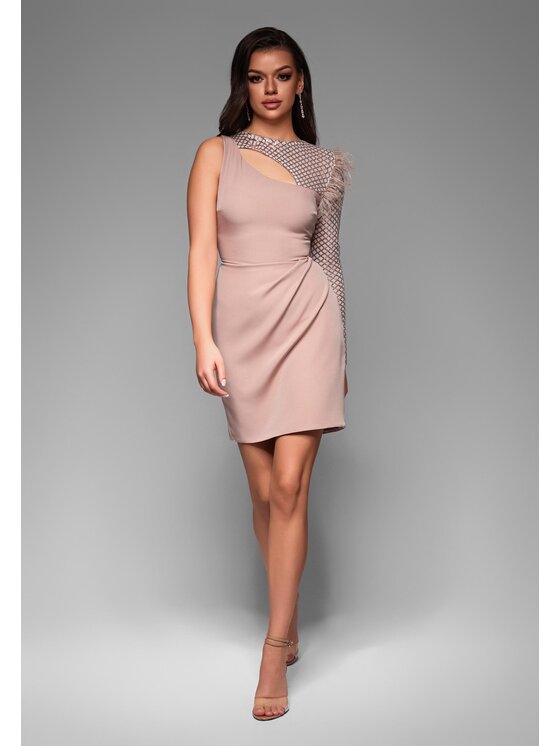 Ombre Ombre Sukienka koktajlowa LA-OM-DLR034 Beżowy Regular Fit