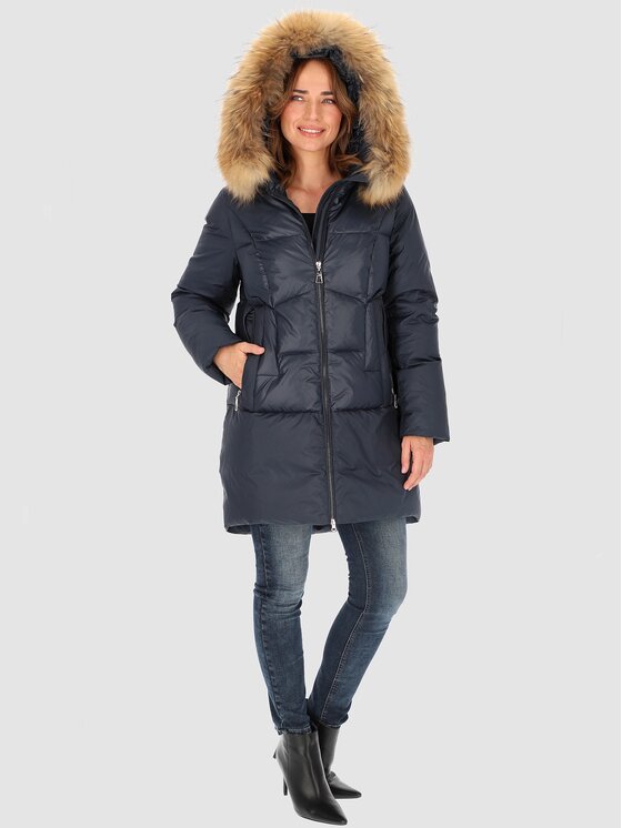 Perso Perso Vatovaná bunda z naturalnym futrem Tmavomodrá Slim Fit