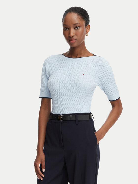 Tommy Hilfiger Pulover Fine Gg Cable Boat WW0WW50103 Albastru deschis Regular Fit