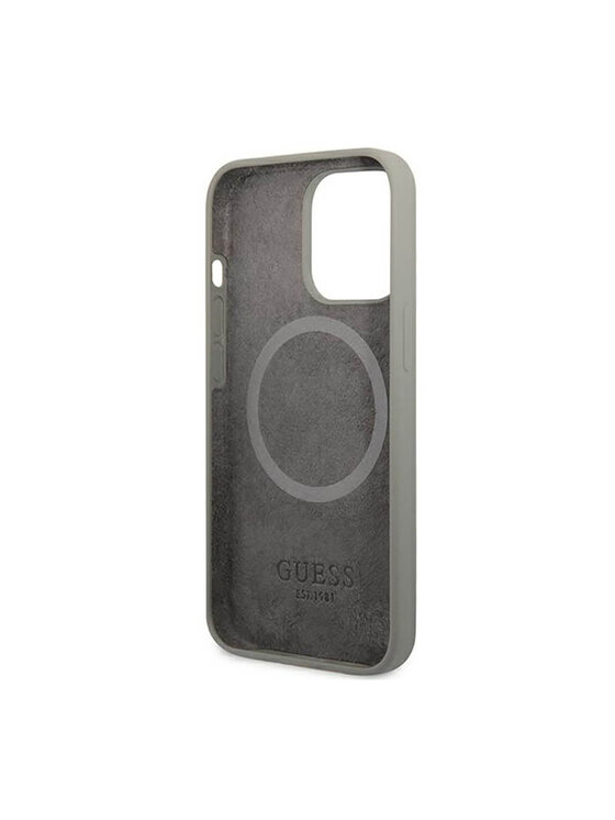 Guess Guess Etui na telefon Silicone Logo Plate MagSafe Szary