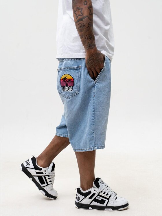 Jigga Wear Jigga Wear Szorty jeansowe Szerokie luźne za duże bagy palmy zachód słońca 130781 Niebieski Baggy Fit