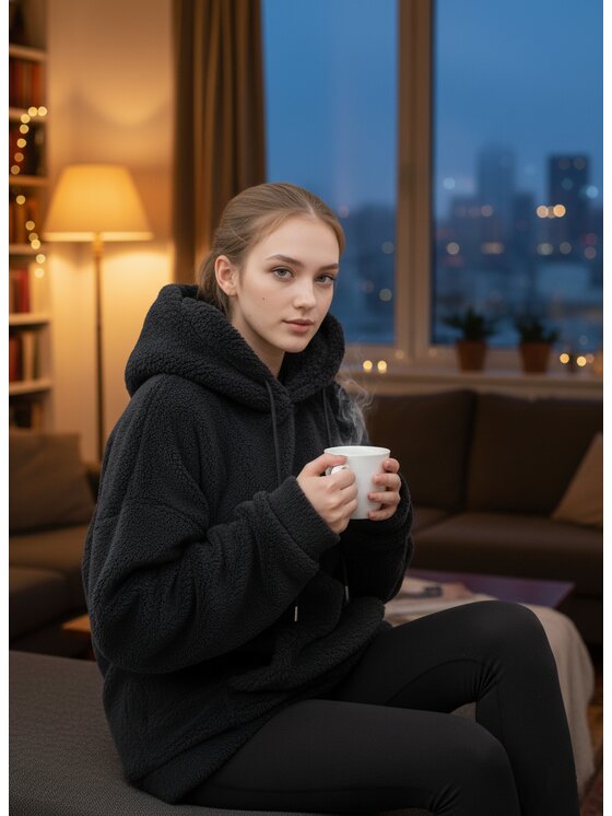 Jigga Wear Jigga Wear Bluza Sherpa Teddy Miś Plusz Polar Ciepła szeroka luźna 123722 Czarny Oversize