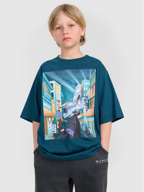 4F 4F T-Shirt CITY LINES Tyrkysová Oversize