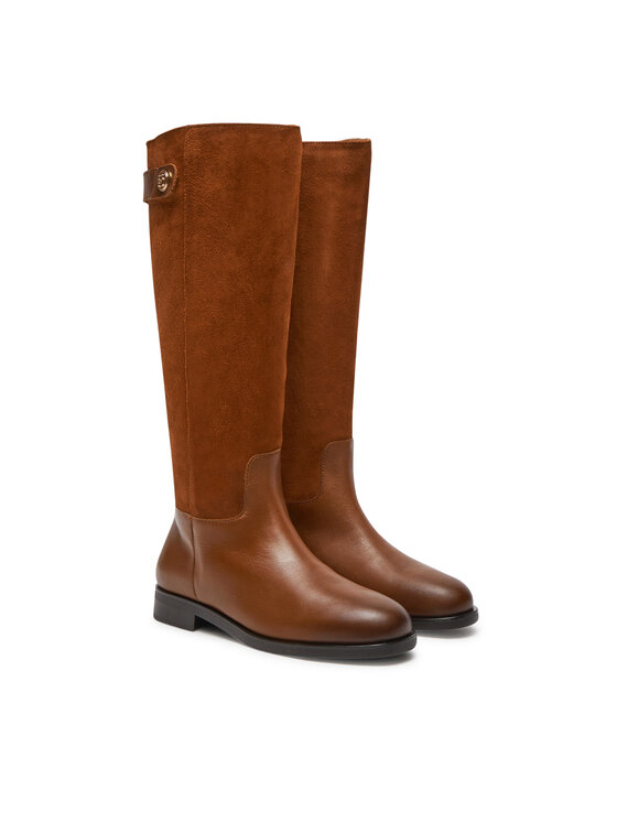 Tommy Hilfiger Tommy Hilfiger Jahalni škornji Th Stud Leather Mix Long Boot FW0FW08341 Rjava