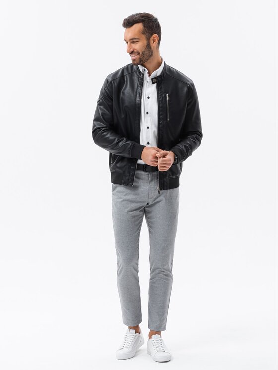 Ombre Ombre Kožená bunda OM-JAFL-0109 Černá Reglan Fit