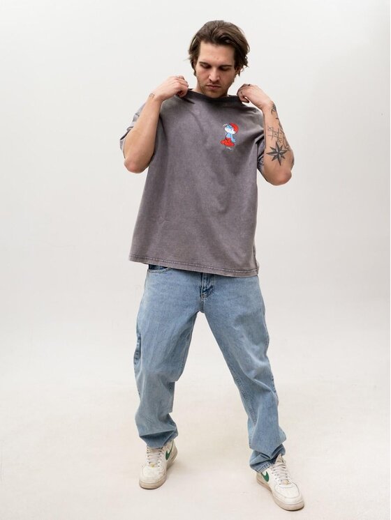 Smerfy Smerfy T-Shirt Szeroka luźna za duża acid wash 131074 Szary Oversize